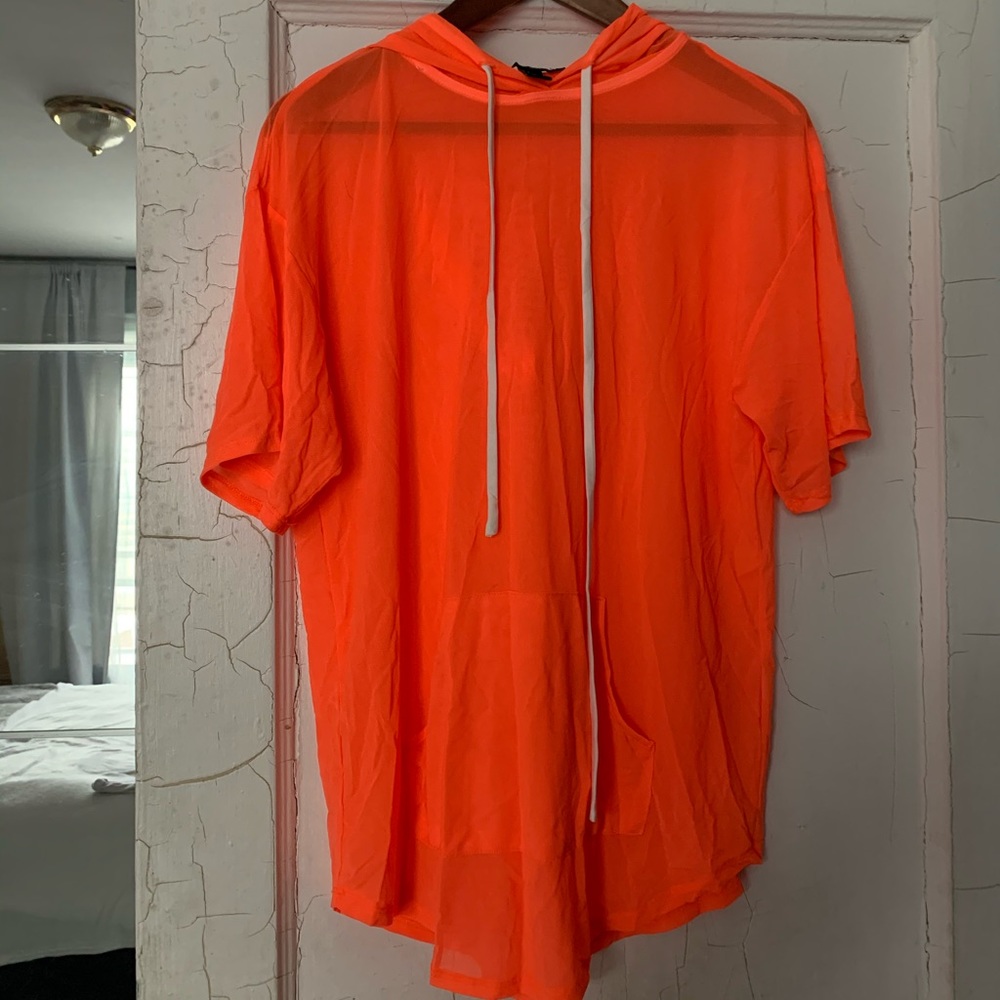 Neon Orange Mesh Hoodie Short Sleeve OVERSIZED